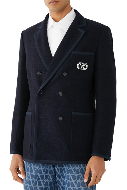 Double-Breasted Bouclé Wool Jacket With VLogo Signature Embroidery